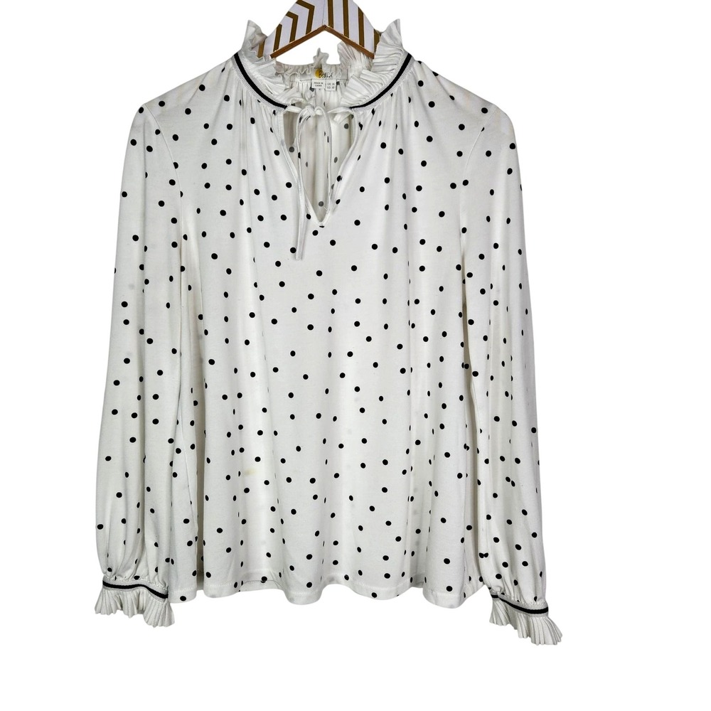BODEN‎ Shirt Womens 10 White Black Polka Dot Ruffle Neck Long Sleeve Blouse